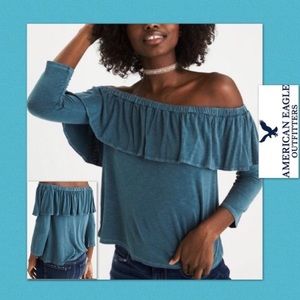 AEO Dark washed teal off shoulder ruffle top